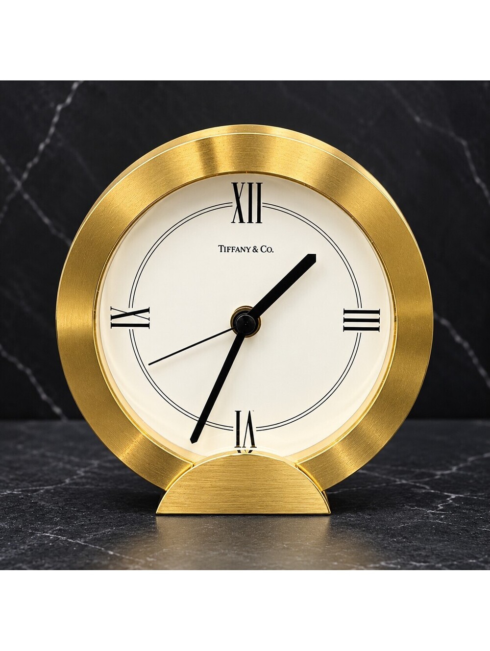 Vtg. Tiffany & Co Swiss Quartz Desk Clock Gold Tone Roman Numerals W Box